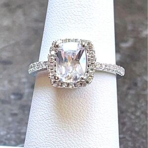 Sterling Silver Cushion-Cut Halo‎ CZ Engagement Ring -Size 6 -7g